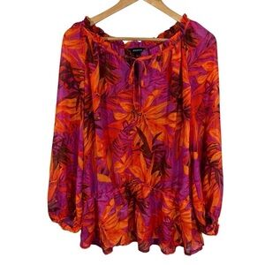 Vintage Tropical Sheer Peasant Blouse Orange Purple Floral Top Wide Sleeve EUC
